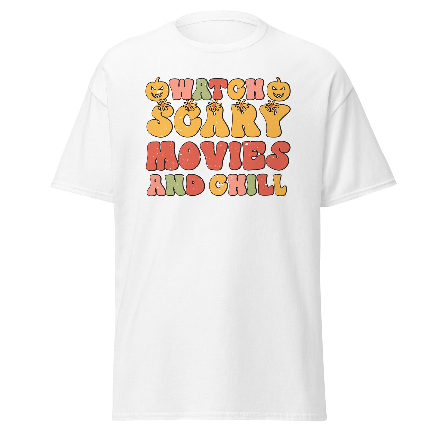 Whatch Scary Movies & Chill, Camiseta de algodón pesado con diseño de Halloween, estilo suave