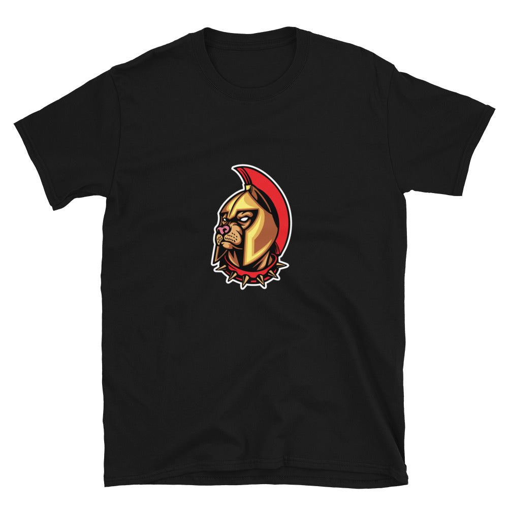 Spartan Knight Angry Bulldog mascota ajuste unisex camiseta de estilo suave