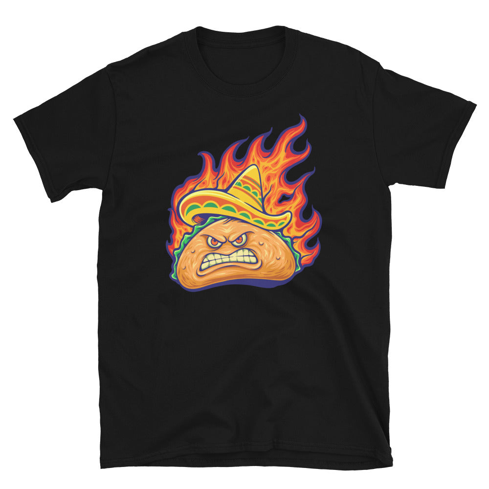Wütender köstlicher mexikanischer Taco mit loderndem Feuer, passendes Unisex-Softstyle-T-Shirt