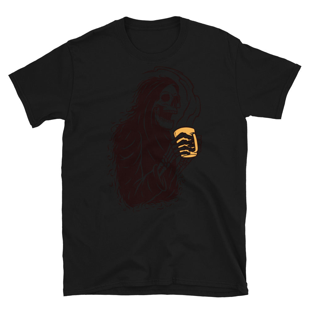 Calavera sombría y café Fit Unisex Softstyle camiseta