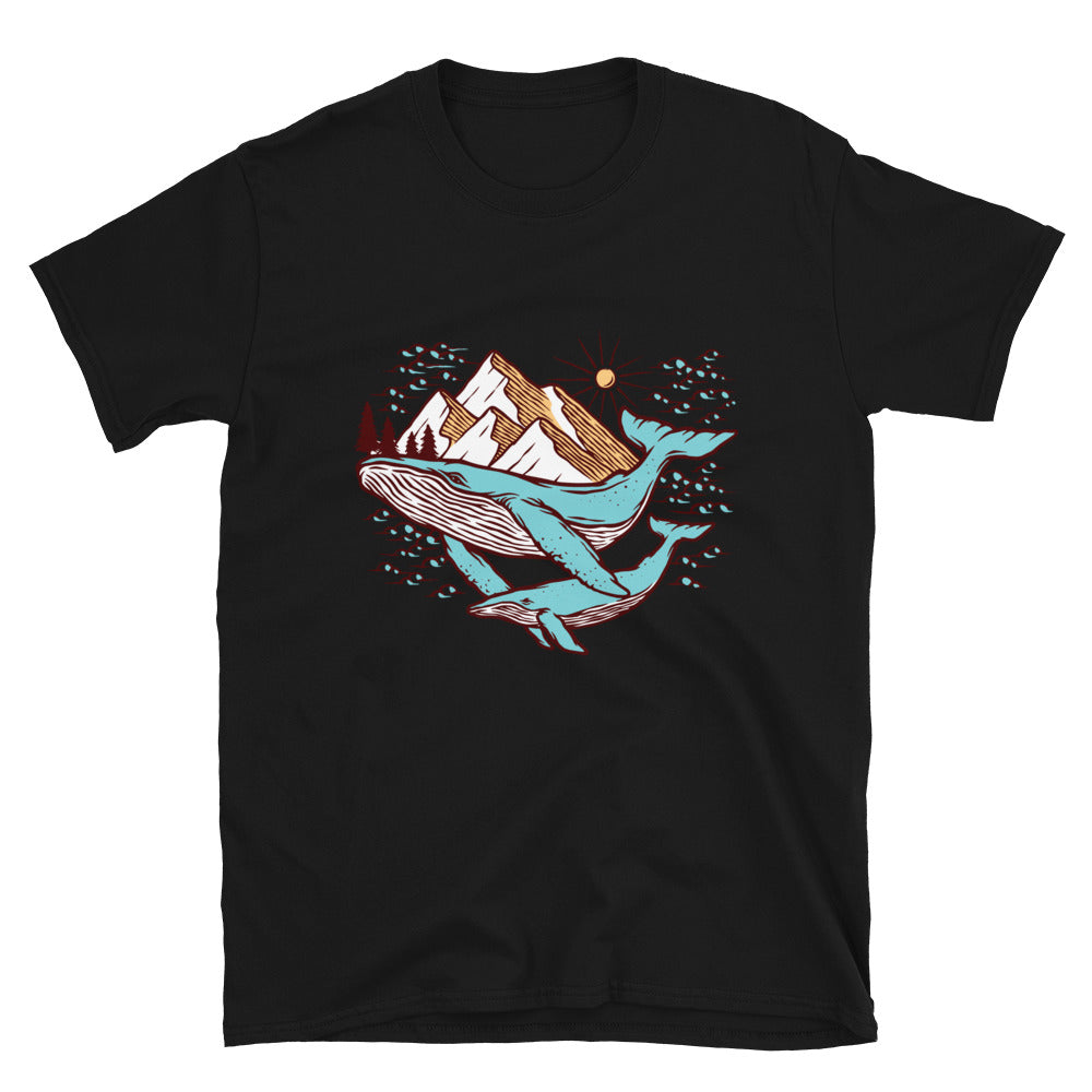 Ansichten von Bergen und Walen. Passgenaues Unisex-Softstyle-T-Shirt