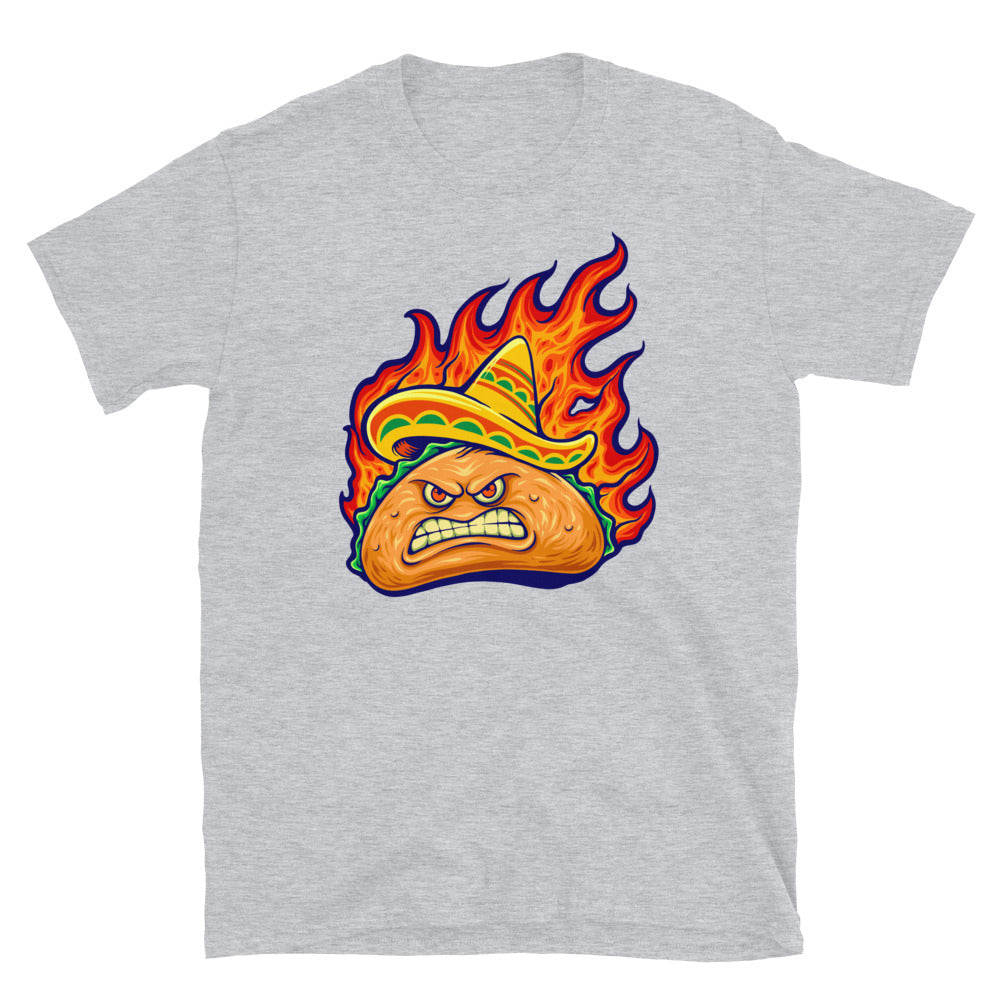 Wütender köstlicher mexikanischer Taco mit loderndem Feuer, passendes Unisex-Softstyle-T-Shirt