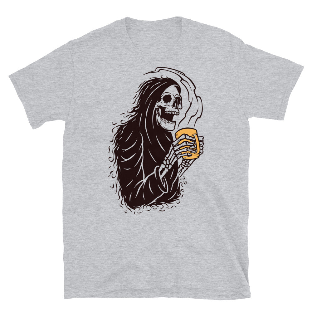 Calavera sombría y café Fit Unisex Softstyle camiseta