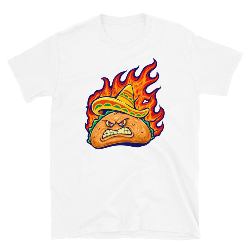 Wütender köstlicher mexikanischer Taco mit loderndem Feuer, passendes Unisex-Softstyle-T-Shirt