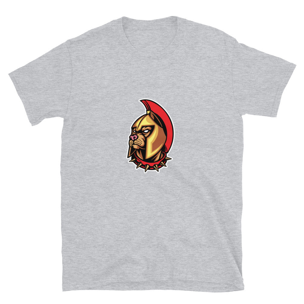 Spartan Knight Angry Bulldog mascota ajuste unisex camiseta de estilo suave