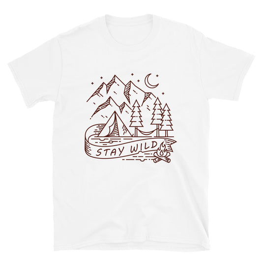Manténgase salvaje, acampando en la montaña Fit camiseta unisex Softstyle